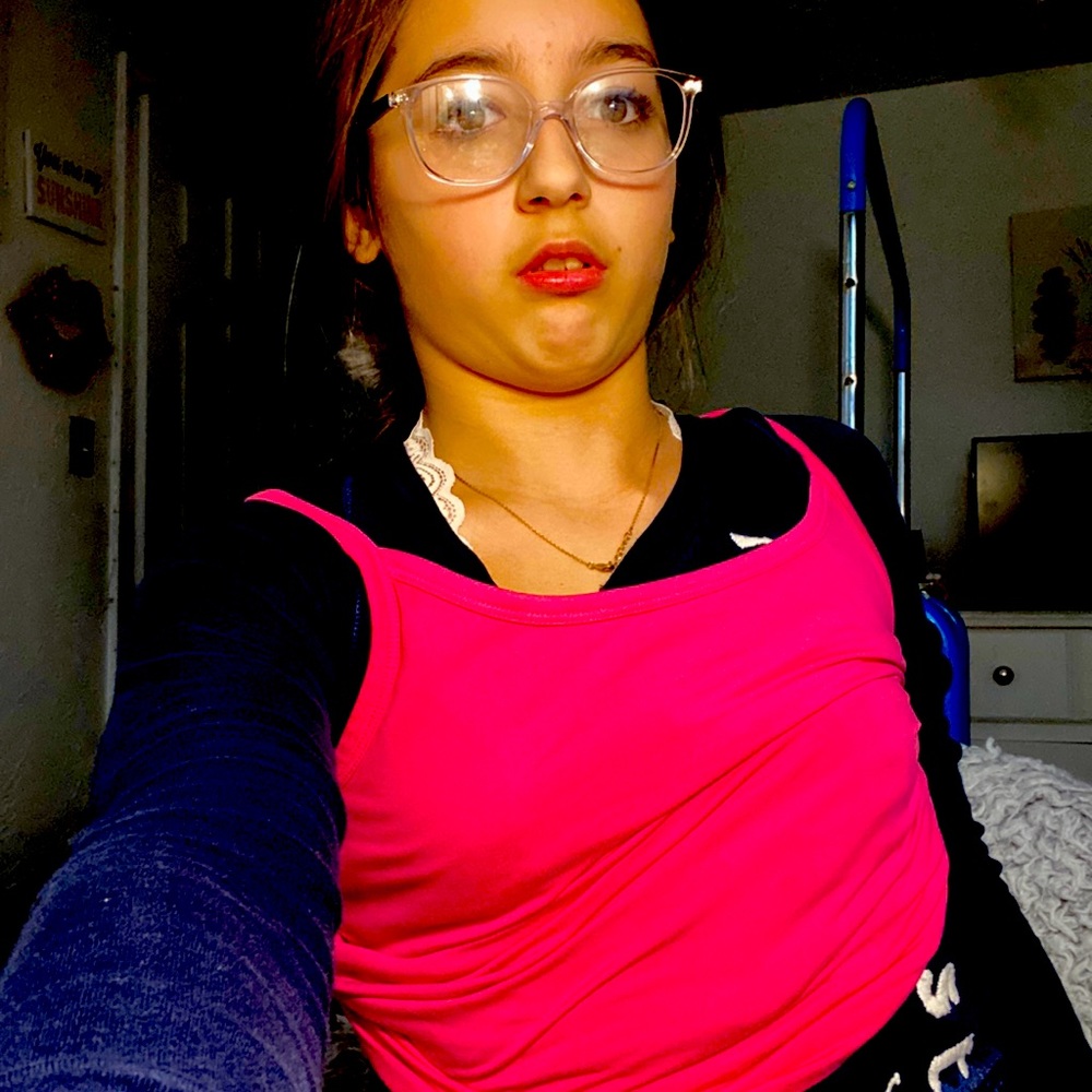 Pink Cami Uwu Crop  Top (Not including person or shirt behind)